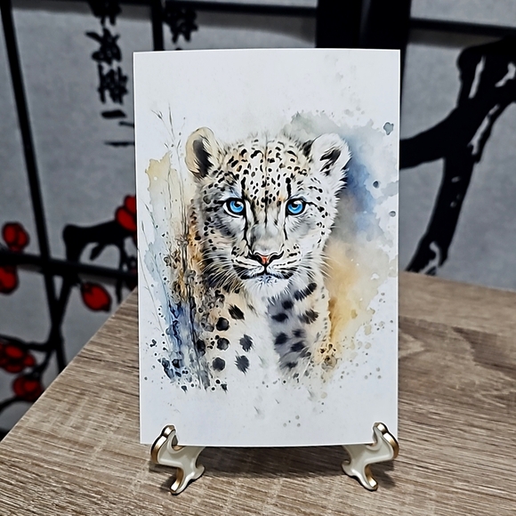 4x6 Snow Leopard Blue‎ Eyes Portrait Watercolor Fantasy Art Oil Painting Print - Picture 1 of 5